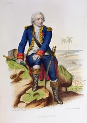 Louis Antoine de Bougainville (1729-1811) zittend op een rots, illustratie uit 